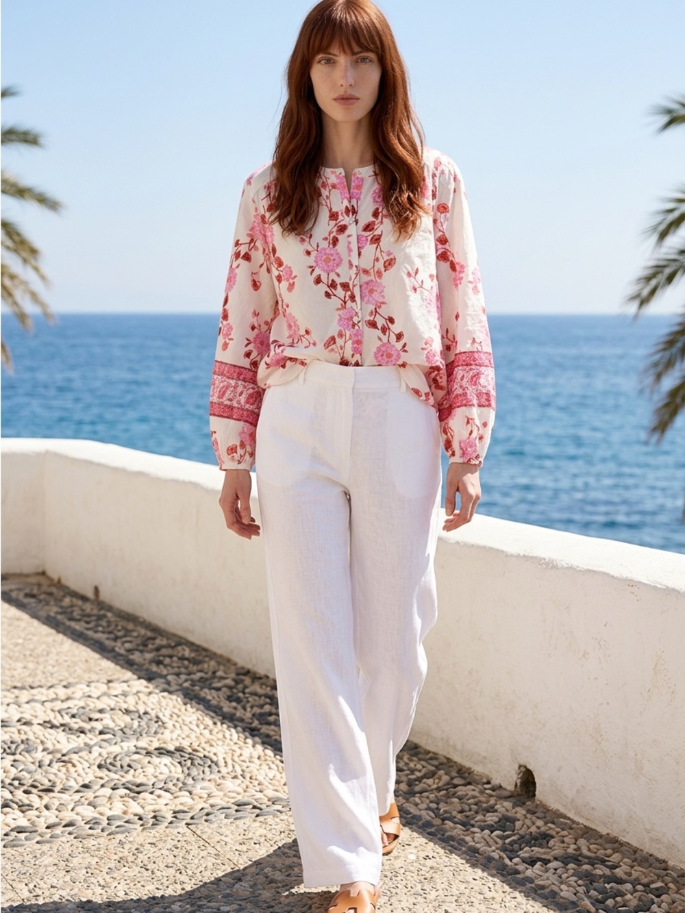 Lucky Brand Floral Peasant Blouse | Pink & Ivory | Size Medium